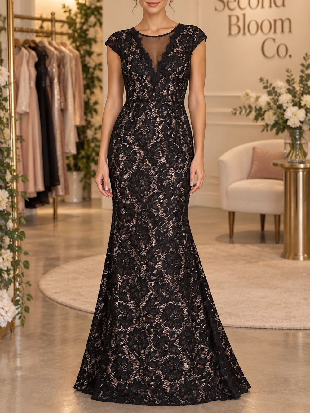 Betsy & Adam 4P Black Lace Nude Lined Mermaid Formal Gown Open Back